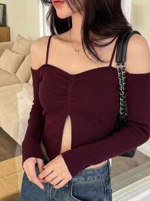 DAZY 女款修身抓皺開衩長袖性感露肩針織衫 - 酒紅色 - 查看 2