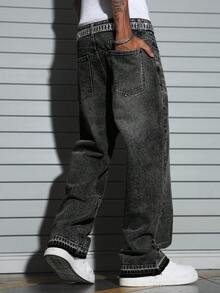 Manfinity EMRG Men's American Casual Commute Small Design Cement Gray Washed Loose Straight Wide Leg Pants - Dark Grey - View 2