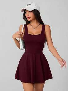 SHEIN PETITE 女款無袖下擺口袋短褲黑色連身褲 - 中紫紅色 - 查看 7