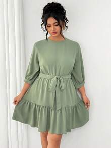 Elenzga Plus Size Women Solid Color Pleated Casual Elegant Everyday Autumn Dress Formal Brunch Sage Green - Army Green - View 3