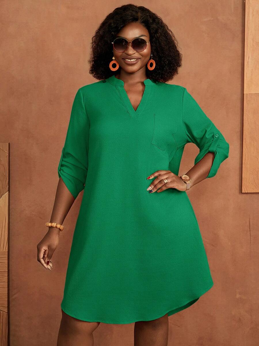BrightlyHer Plus Size Solid Color Versatile Pocket Textured Dress For Daily Wear Summer Office Work Green Casual Soft Form Soft Form - Green - View 1