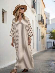 SHEIN LUNE V-Neck H-Line Striped Print Casual Elegant Vacation Dress For Women - Multicolor - View 3