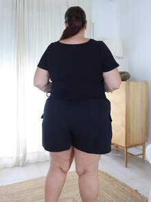 Pretty and Ole 大尺碼女款夏季純色不對稱下擺休閒抽繩側邊黑色T恤 - 黑色 - 查看 2