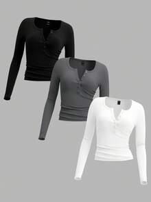 SHEIN EZwear 3 件装极简主义黑、白、灰色针织长袖 T 恤，大码女款，适合秋冬季 - 彩色 - 查看 1