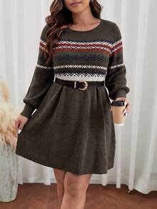 SHEIN Frenchy Plus Size Autumn/Winter Casual Geometric Pattern Knit Dress - Army Green - View 2