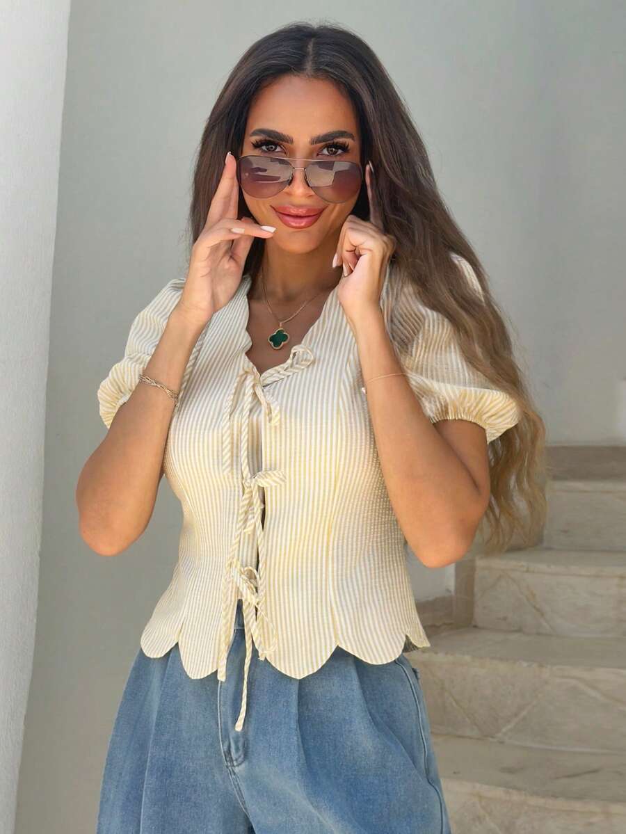 Alya Khalil Women's Summer Casual French Style/Work Brunch Petal Sleeve Tie Front Shirt Green And White Striped