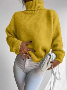 RueChic Jersey cuello alto de manga raglán tejido de canalé - Amarillo - Ver 5