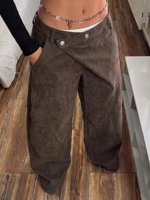 StreetHx Celana Jeans Denim Kasual Serbaguna untuk Pemakaian Sehari-hari dengan Kancing untuk Wanita - Rust Brown - View 3