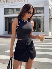 SHEIN Dewbera Minimalist Striped Colorblock Round Neck Tank Top And Front Knot Ruched Skort Sports Set - Black - View 5