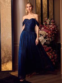 MOTF Soiréza ELEGANT WOMEN OFF SHOULDER RUCHED BODICE PLEATED MAXI GOWN FOR FORMAL EVENING PARTY, WEDDING, GALA - Navy Blue - View 8