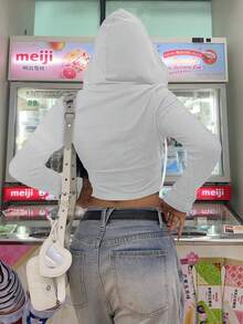 SHEIN EZwear 女款修身拉鍊連帽衛衣，秋冬街頭風，胸前櫻桃貼布繡細節，休閒時尚現代都市風 - 白色 - 查看 2