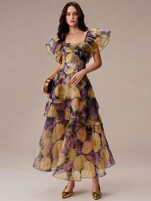 BELROSIE Summer Purple And Yellow Floral Colorblock Organza Ruffle Flutter Sleeve Split Hem Layered Cake Skirt Cinched Waist Women's Dress Wedding Garden - Multicolor - View 3