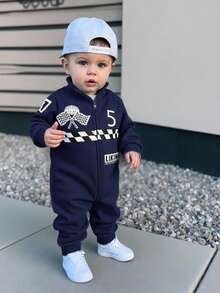 SHEIN Baby Boy Baby Girl Street Style Letter & Racing Pattern Knit Soft Small Stand Collar Long Sleeve Jumpsuit Suitable For Autumn/Winter Outdoor Wear - Navy Blue - View 9
