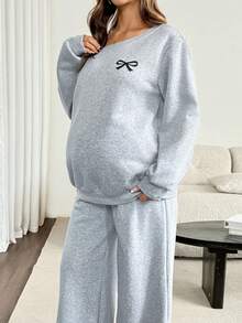 SHEIN Maternity Autumn/Winter Casual Bowknot Print Thermal Lined Sweatshirt & Sweatpants 2 Pieces Set - Grey - View 6