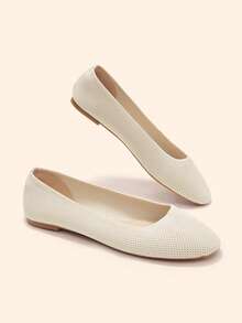 CUCCOO BASICS Women Knit Mesh Pointed Toe Casual Flats Breathable Soft Slip On Shoes Fall Shoes - Beige - View 3