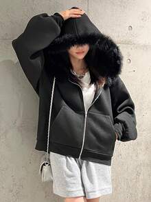 Dazy Tall Women's Hooded Fur Collar Patchwork Loose Open Front Cropped Sweatshirt Fall - Black - View 4