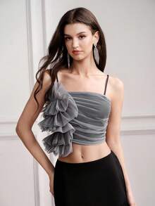 BELROSIE Summer New Grey Mesh Layered Ruffle 3D Floral Asymmetrical Pleated Design Short Camisole Tank Top For Women Elegant Sexy French Vintage Romantic Party - Grey - View 3