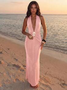 Aloruh Light Green Deep V-Neck Sexy Vacation Date Dress - Baby Pink - View 6