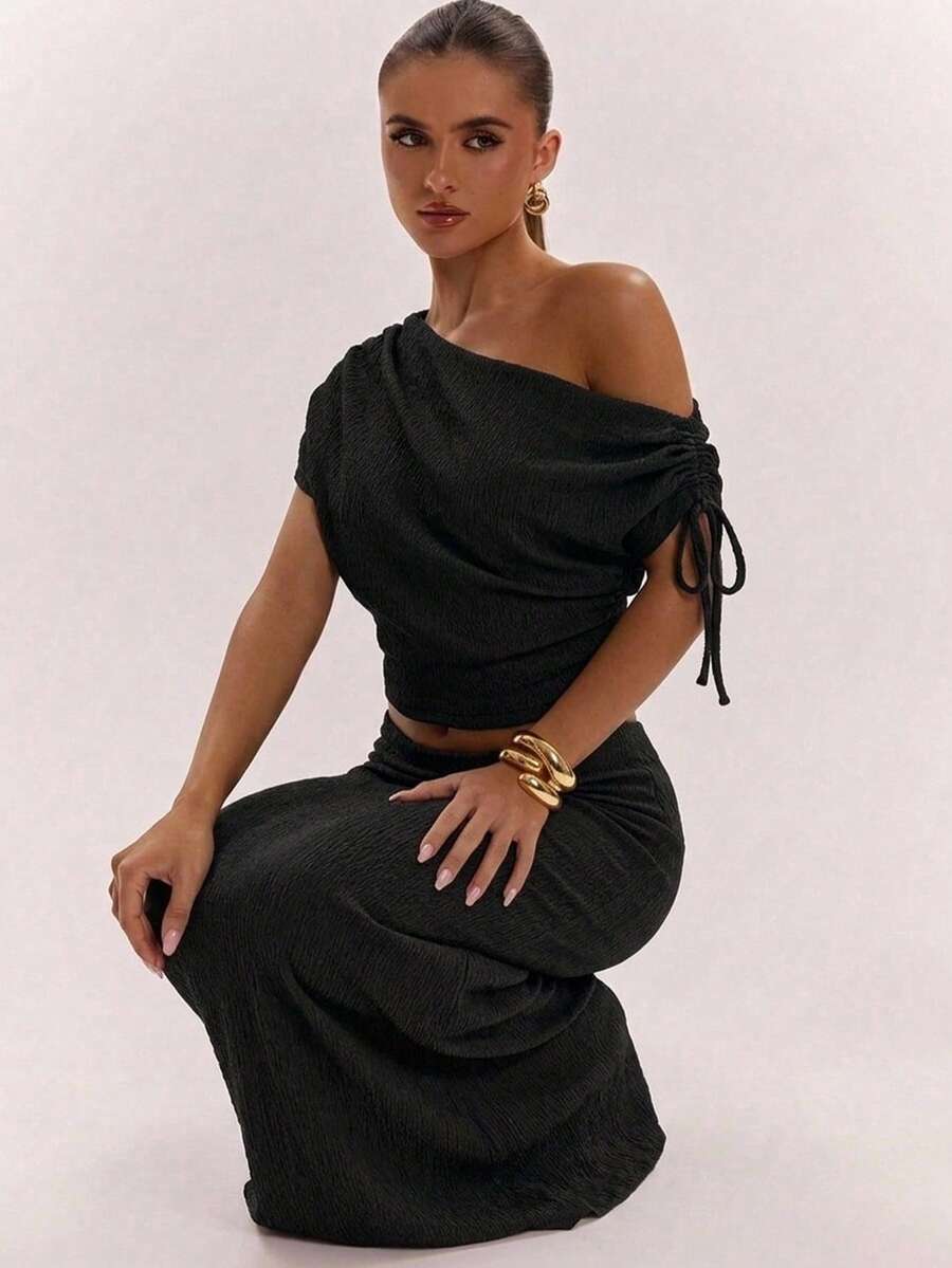 SHEIN BAE Women's Solid Color Asymmetric Neck Drawstring Design Top And Mermaid Skirt Fashion Two Pieces Set - Black - View 1