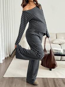SHEIN Setelan Hamil 2 Potong: Atasan Bergaris Blok Warna dengan Hem Asimetris dan Celana Panjang Kasual dengan Tali Serut di Pinggang (Musim Gugur) - Dark Grey - View 3