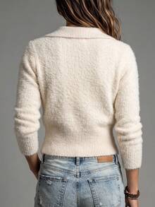 SHEIN Women's Autumn/Winter French Lazy Style Faux Mink Knit Cardigan Deep V-Neck Minimalist Solid Color Versatile Sweater Top - Apricot - View 2