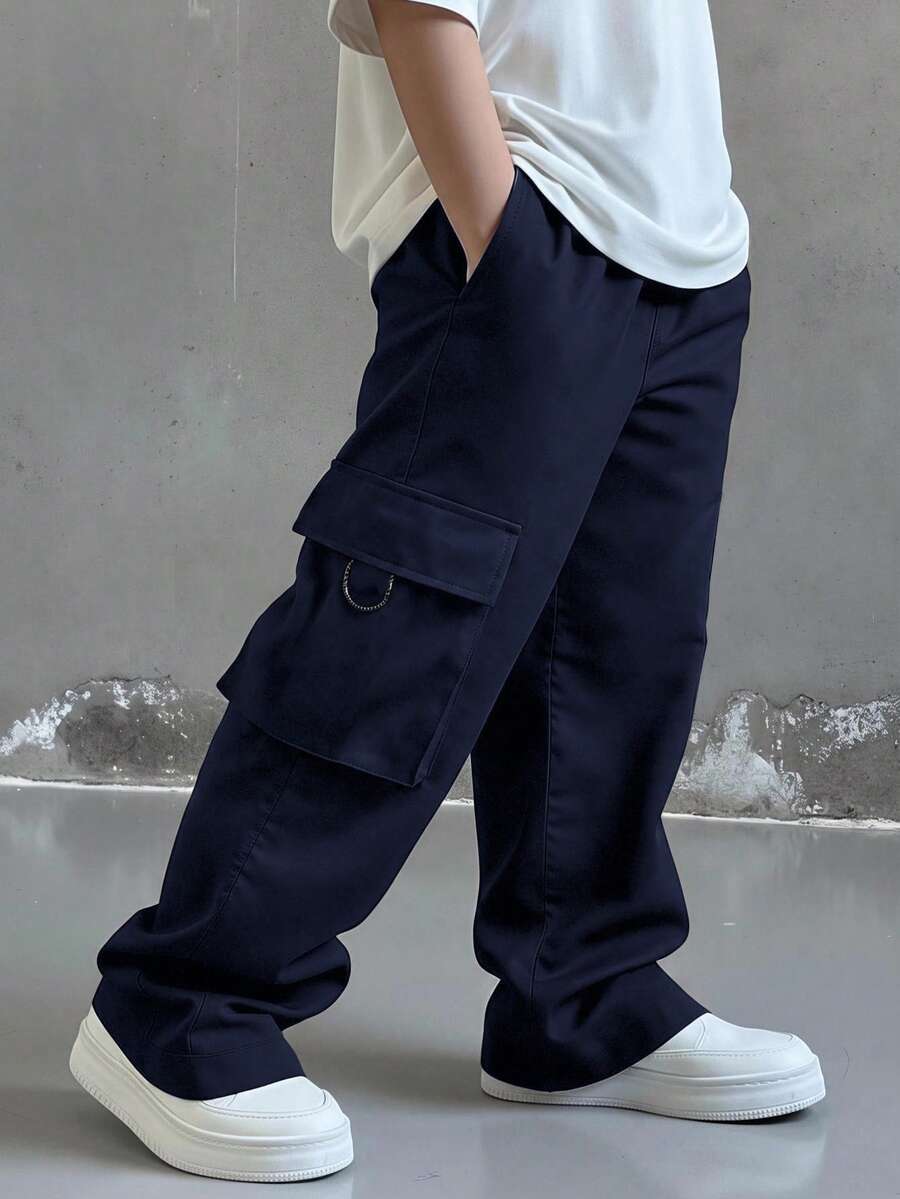 SHEIN 兒童青少年男孩休閒舒適直筒寬鬆長褲,黑色工裝褲,新款,適合外出、上學,春秋夏冬四季皆宜 - 藍色 - 查看 1