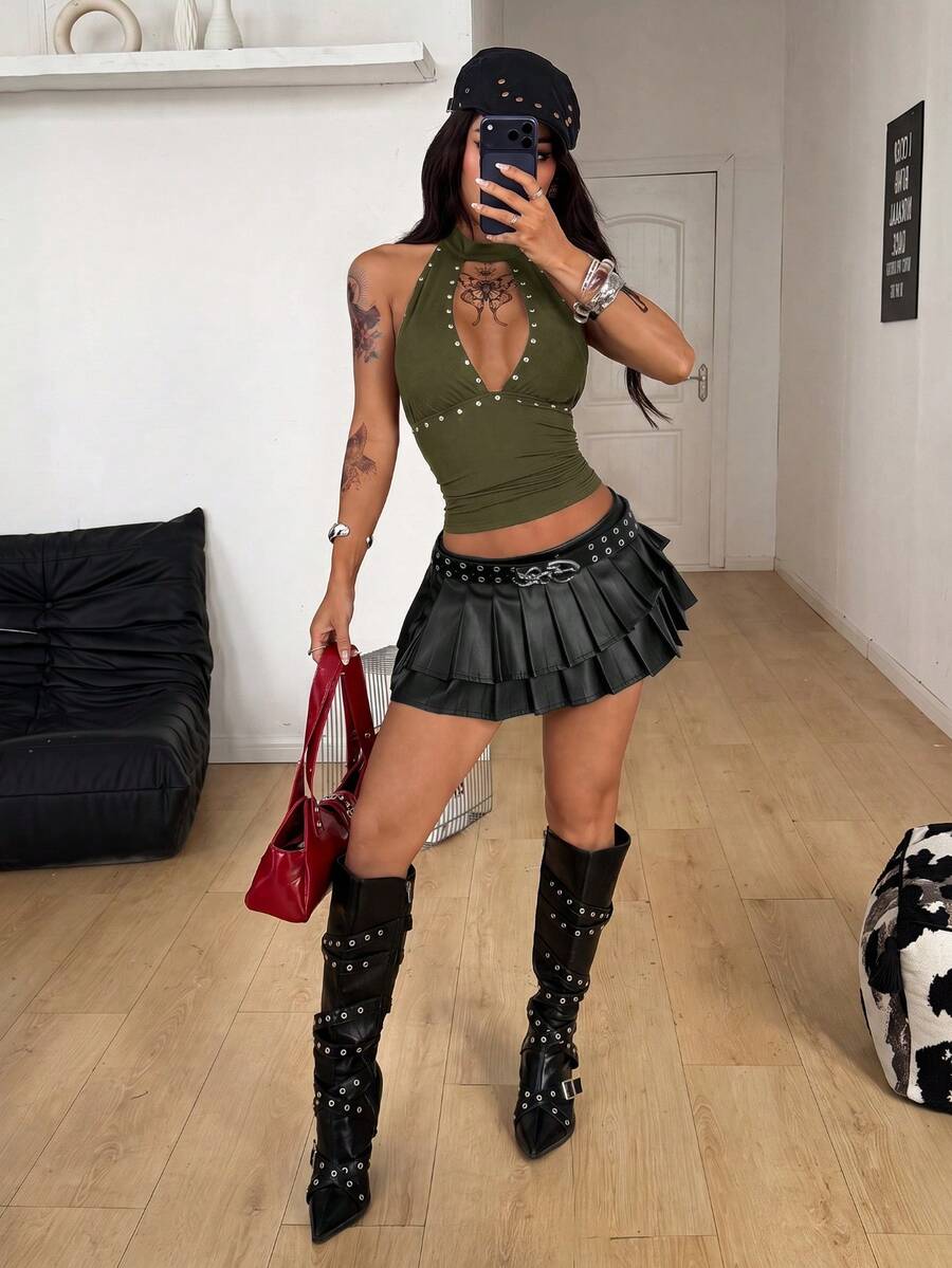 SHEIN X YERIMUA Coolane Women's Summer Comfortable Stretchy Streetwear Sexy Party Night Out Club Olive Green Slim Fit Halter Studded Trim Cutout Detail Tank Top