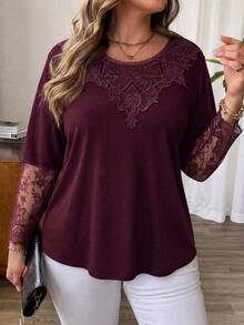 Lacomfia Women's Round Neck Embroidered Lace Versatile Casual Design Plus Size T-Shirt For Autumn/Winter Home Wear - Burgundy - View 5