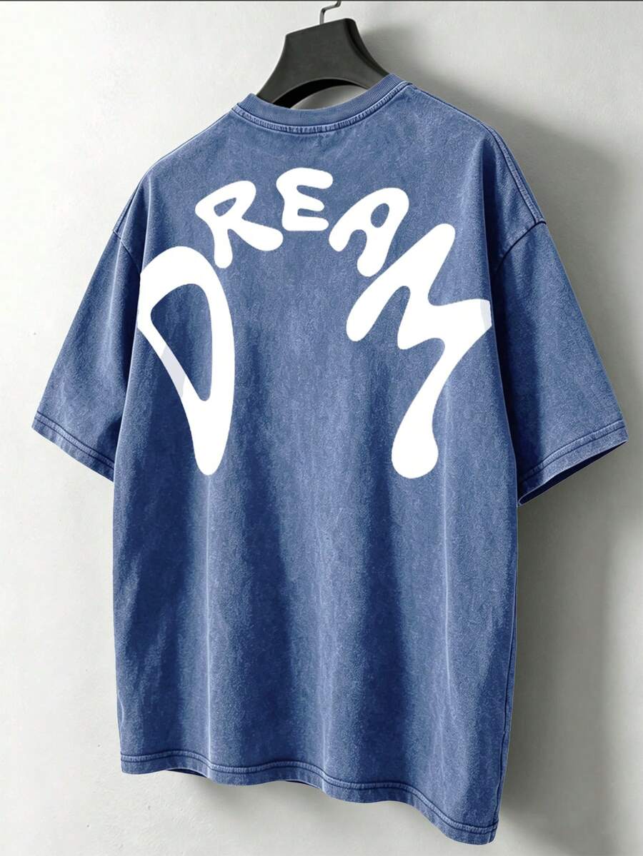 Manfinity Roghcode 男士 DREAM 字母水洗棉 T 恤 - 藍色 - 查看 1
