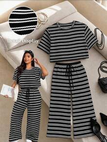 SHEIN EZwear 大码红色条纹T恤和裤子休闲两件套，夏季 - 黑色 - 查看 9