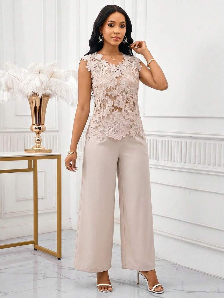 SHEIN Lady طقم نسائي من قطعتين: ملابس علوية مطرزة مفرغة بأسلوب فرنسي وبنطلون طويل فضفاض كاجوال بجيوب - لون مشمشي - مشاهدة 7