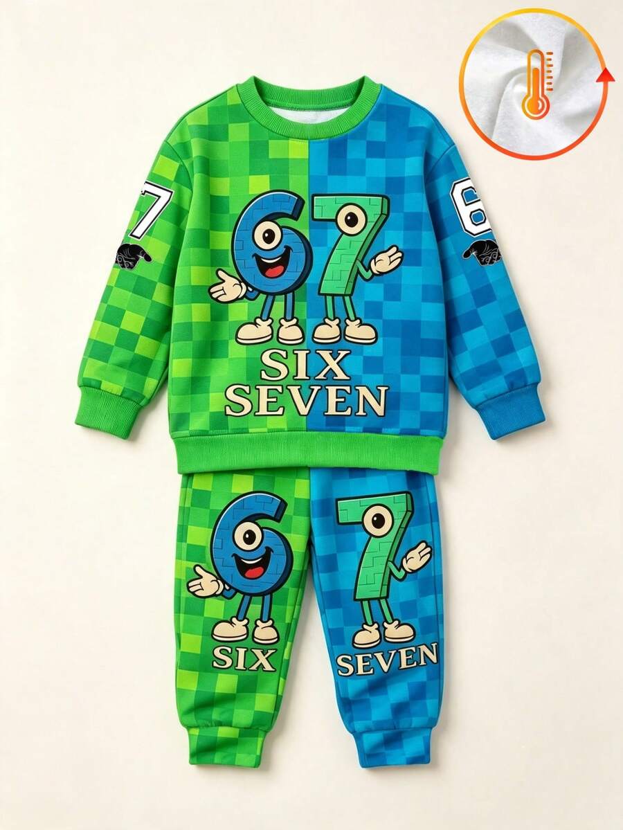 2pcs Young Boys Sweatshirt Set Street Blue Green Checkerboard Number Print Loose Long Sleeve Crew Neck School Outfits Fall Winter - Multicolor - View 1