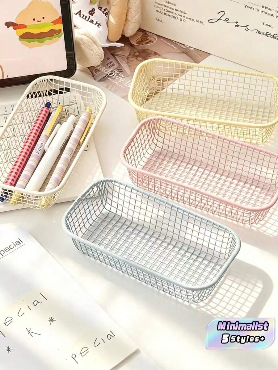 1/4Pcs Mini Macaron Color Metal Storage Baskets Stylish Desktop Organizer Minimalist Home Decor Multifunctional Desktop Storage Holder Suitable For Office Desks And Dressers Lightweight Rustproof Metal Container With Smooth Edges - Multiple Styles - View 1