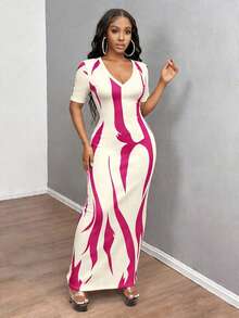 INAWLY Solva Gaun Wanita Musim Panas Seksi Slim Fit Lengan Pendek Bermotif - MultiWarna - View 5
