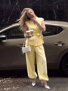 Airaco Women's Solid Color Pleated Top And Pants Casual Daily Set - Yellow - View 2