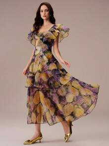 BELROSIE Summer Purple And Yellow Floral Colorblock Organza Ruffle Flutter Sleeve Split Hem Layered Cake Skirt Cinched Waist Women's Dress Wedding Garden - Multicolor - View 5