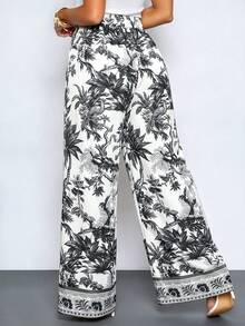 SOLERSUN 女款花卉印花寬腿長褲，適合春夏，時尚百搭，適合派對穿著 - 黑色 - 查看 2