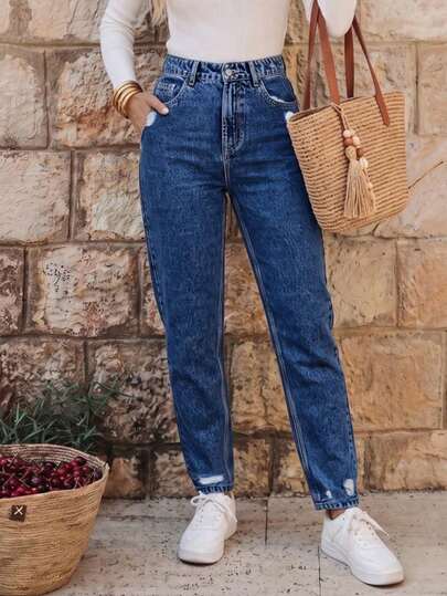 SHEIN Tall Jeans Mom de mezclilla estilo campus streetwear retro americano, azul profundo con lavado de agua y efecto desgastado, de talle alto, forma de pera, talla grande, que ocultan la cadera, para uso diario