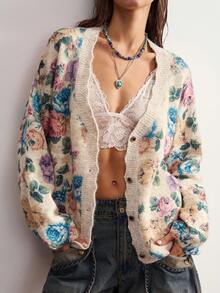 Bohemela 女款花卉印花落肩長袖單排扣針織開襟衫 - 杏色 - 查看 1