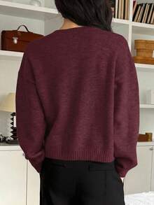 DAZY Cárdigan de punto de lana rojo minimalista de unicolor para mujeres - Burdeos - Ver 4
