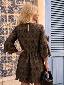 Vivid Eden Women's Embroidered Bell Sleeve Casual Boho Vacation Dress, Dark Chocolate Dress Vacation Autumn Winter Brunch Vacation - Brown - View 3