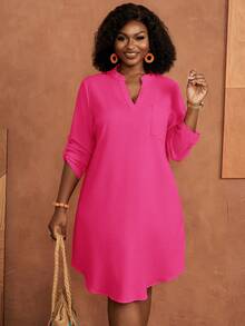 BrightlyHer Plus Size Solid Color Versatile Pocket Textured Dress For Daily Wear Fall - Hot Pink - View 4