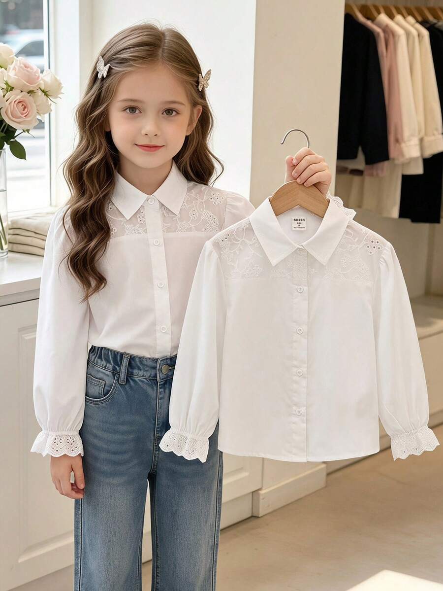 SHEIN Young Girl Moss 青少女寬鬆白色合身純色翻領休閒襯衫,青少女休閒長袖純色襯衫,時尚夏季休閒襯衫 - 白色 - 查看 1