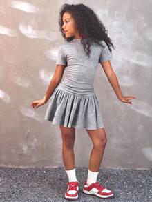 Coolane Kids Tween Girl Mock Neck Ruched Slim Fit Tee & Ruffle Hem Skirt,Back To School,Y2K,Streetwear,Summer/Fall - Grey - View 5