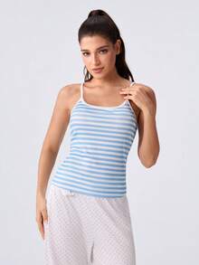 Loungeista Women Thin Spaghetti Strap Cami Top, Versatile Casual Tank Top, Sport Vacation Loungewear For Spring Summer Autumn - Blue and White - View 3