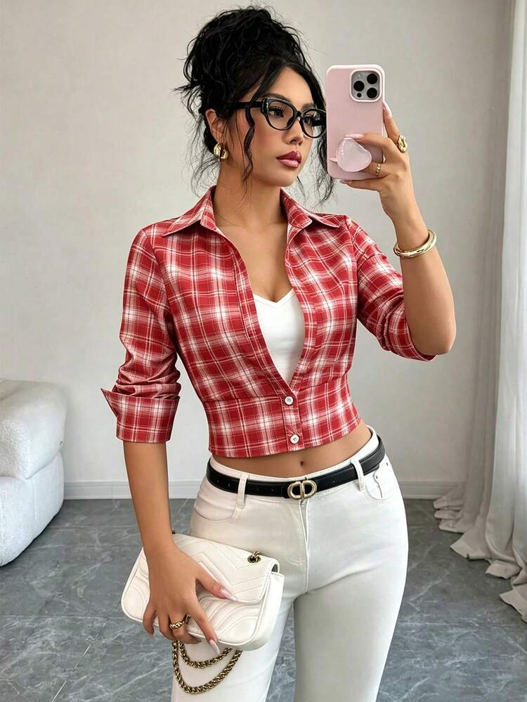 Selianne Women's F-Collar Long Sleeve Printed Red Plaid Short Shirt Suitable For Commuting And Casual Wear, All Season, Spring Style Blouse - Red - View 1