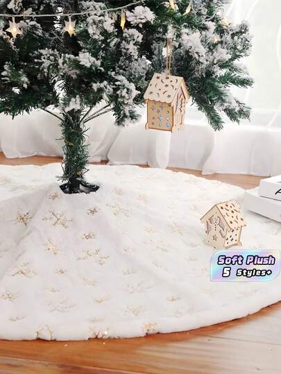 Falda de Árbol de Navidad de Terciopelo Blanco Esponjoso con Bordado de Lentejuelas de Copos de Nieve con Brillo de Perlas, Base Decorativa Suave, Cálida y Elegante para Fiesta Navideña, Hogar, Interior, Adorno Navideño Festivo y Glamuroso