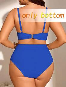 Swim Chiccia Bikini de talla grande para mujer con tela acanalada, unicolor, fruncido y control de abdomen, adecuado para uso diario y de vacaciones en verano - Azul - Ver 3