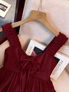 Franclia Tank Top Longgar Wanita dengan Tali Pengikat di Pinggang dan Tali Bahu Lebar - Burgundy - View 6