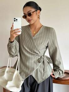 Dazy Plus Fashion Striped V-Neck Asymmetric Placket Tie-Front Long Sleeve Commuter Blouse, Spring/Autumn - Olive Green - View 1